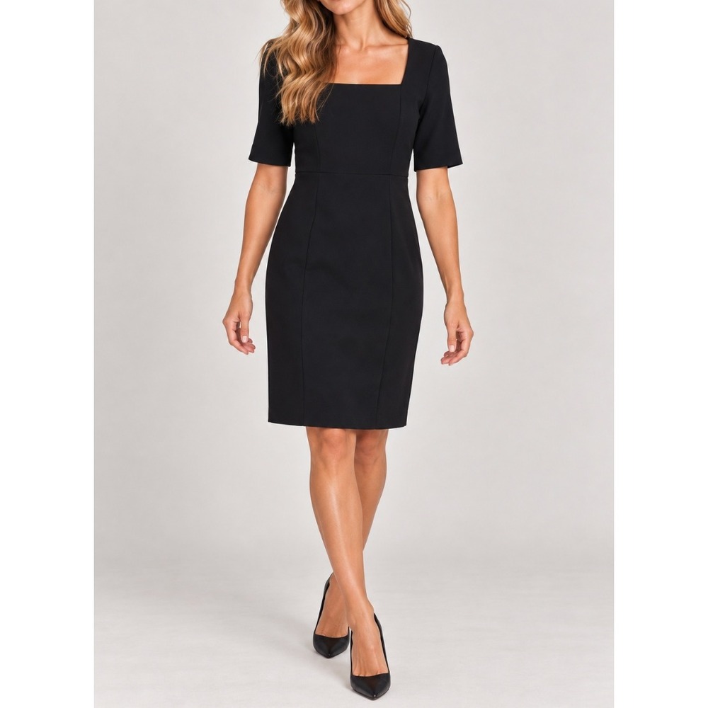 NEW Ann Taylor Black Square Neck Sheath Midi Dress Short Seasonless Sleeve Sz 10